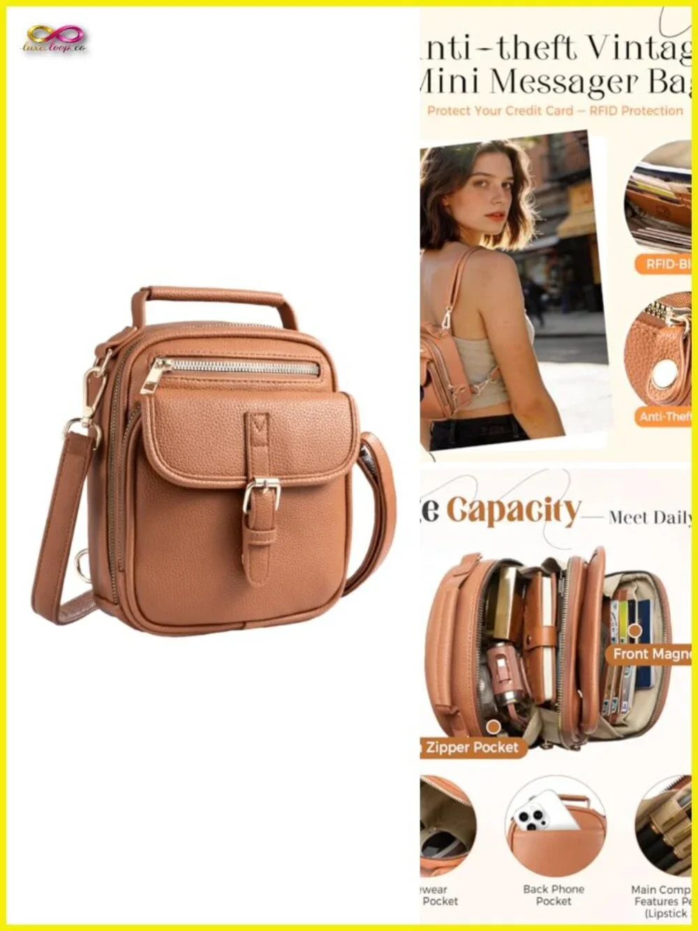 Vegan Leather Crossbody Bag with 2 Straps Anti Theft RFID